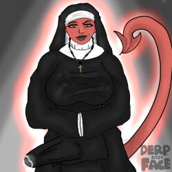 nun_cosplay nun_costume nun_outfit precum_through_clothing red_skin red_skinned self_upload signature solo standing tenting text yellow_eyes