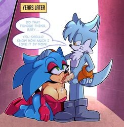 anthro bodily_fluids breasts cum cum_drip dripping duo exposed_torso eyeshadow fan_character female footwear genderswap genital_fluids hand_on_head handwear hi_res kneeling lips lipstick makeup male missphase mobian_(species) oc oral original_character rule_63 sega sonic_(series) sonic_oc sonic_the_hedgehog sonic_the_hedgehog_(series) sonique_the_hedgehog straight thick_lips