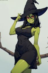 1girls ai_generated banjo-kazooie big_breasts black_dress black_hair busty evil evil_grin female female_focus female_only game_over game_over_gruntilda green_skin gruntilda gruntilda_winkybunion perfect_body red_eyes thick_thighs villainess wide_hips witch witch_hat