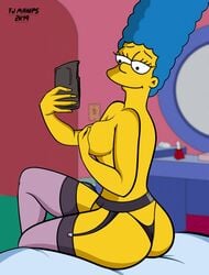 2019 fjm garter_belt marge_simpson selfie sitting_on_bed solo stockings tagme the_simpsons