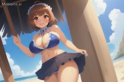 ahoge ai_generated bangs bare_shoulders beach bikini black_skirt blue_bikini blue_sky blush breasts brown_eyes brown_hair cleavage cloud cowboy_shot crazy day frilled_bikini frills genius_inc girl high large_breasts looking_at_viewer maid maid_headdress my_crazy_high_school_romcom navel neck_ribbon nina ocean open_mouth outdoors pleated_skirt sand school short_hair skirt sky smile solo swimsuit thighs