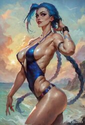 1girls ai_generated alternate_breast_size arm_strap arm_tattoo bare_shoulders bird blue_hair blue_one-piece_swimsuit braid breasts cloud covered_nipples female jinx_(league_of_legends) large_breasts league_of_legends lips long_hair looking_at_viewer medium_breasts nipple_bulge ocean one-piece_swimsuit outdoors philon pink_eyes shiny_skin sideboob skindentation sky solo stable_diffusion swimsuit tattoo thighs twin_braids very_long_hair wading water wet