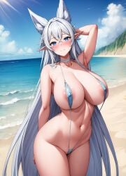 1female 1girls ai_generated armpits beach big_breasts blue_eyes breasts female female_only fenrys hi_res high_resolution highres large_breasts light-skinned_female long_hair looking_at_viewer lv2_kara_cheat_datta_motoyuusha_kouho_no_mattari_isekai_life nipples nipples_visible_through_bikini silver_hair sling_bikini solo solo_female wolf_ears wolf_girl