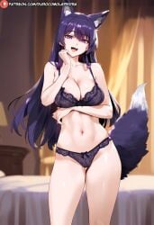 1girls ai_generated bra dclp delta_(the_eminence_in_shadow) kage_no_jitsuryokusha_ni_naritakute! lingerie panties standing the_eminence_in_shadow wolf_ears wolf_girl wolf_tail