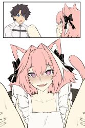 apron apron_only astolfo_(fate) blush cat_ears cat_tail embarrassed excited fate/grand_order fate_(series) femboy flushed flustered haraya heart heart-shaped_pupils kenonomimi male_on_femboy naked_apron naughty_face oerba_yun_fang pink_eyes pink_hair ribbon ribbons skin_fang smile sweat sweatdrop type-moon unusual_pupils