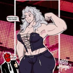 ablazemosquit0 ass boobs cleavage dorohedoro flexing flexing_bicep huge_breasts muscular muscular_female nipples noi_(dorohedoro) pussy pussy_hair red_eyes thick_ass thick_thighs thighs tight_clothing white_hair