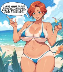 ai_generated areola areola_slip areolae barely_clothed beach bikini blue_bikini blue_sky breasts cameltoe cloud earrings english_text female female_focus female_only green_eyes huge_breasts jorgecarlosai lipstick micro_bikini milf mommy mommy_kink nail_polish navel pussy red_hair sand sky speech_bubble tan_body tan_lines tanline tanned tanned_female tanned_skin text text_bubble thick thick_hips thick_thighs water watermark wide_hips wide_thighs