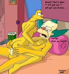 caption clown cowgirl_position creampie cum_in_pussy cum_inside english_text fjm krusty_the_clown male marge_simpson penis the_simpsons