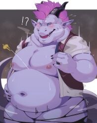 absurd_res after_transformation anthro clothing dragon hi_res horn korosuke male male_only mohawk mythological_creature mythological_scalie mythology overweight scalie solo wardrobe_malfunction weight_gain