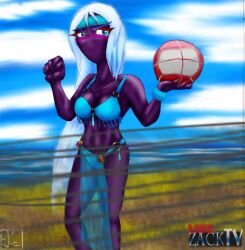 alien alien_girl alien_humanoid beach beach_ball bikini blue_eyes capadochio duck_dodgers facial_mark headband looney_tunes martian martian_(duck_dodgers) ocean queen_tyr'ahnee sky volleyball warner_brothers white_hair