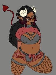 @_@ big_ass bottom_heavy breasts dark-skinned_female dark_skin demon_girl demon_horns demon_tail erect_nipples erection_under_clothes female_focus female_only fishnet_stockings fishnets glasses leggings lingerie medium_breasts nessova_(only0neman) only0neman slightly_chubby succubus thick_lips thick_thighs