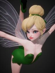 3d arched_back ballet bare_shoulders big_eyes blonde_hair blue_eyes disney dress eyelashes fairy fairy_wings female green_dress green_shoes hair_bun hair_tie high_heels honey_select honey_select_2 inmortal legs light-skinned_female light_skin lips lipstick micro microdress minigirl peter_pan_(disney) pointy_ears red_lips red_lipstick small_breasts strapless_dress tinker_bell v-neck wings