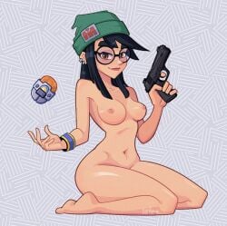 1girls black_hair breasts completely_nude completely_nude_female datneme female female_only glasses gun killjoy_(valorant) kneeling knees_together_feet_apart legs_together light-skinned_female light_skin long_hair medium_breasts nipples pistol round_glasses smile solo tan_body tan_skin valorant wide_hips