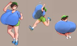 1girls anna_(cantankeravian) breasts brown_hair cantankeravian cap clothed female female_only fully_clothed hat head_on_breasts huge_breasts running sitting smile top_heavy