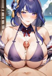 1girls ai_generated big_breasts cum cum_on_breasts cum_on_face day ejaculation genshin_impact outdoors paizuri purple_hair raiden_shogun shenhewe smile solo_focus upper_body