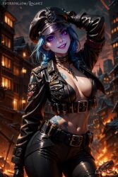 1girls absurdres ai_generated arcane arcane_jinx belt big_breasts blue_hair bullet celebrity choker cleavage crazy_girl detailed evil_smile female female_only gloves high_quality highres hourglass_figure jinx_(league_of_legends) latex league_of_legends leak leaked leather leather_clothing leather_jacket leggings logart looking_at_viewer military_uniform nazi necklace purple_eyes riot_games seductive sensitive small_breasts smile smiling solo stable_diffusion tagme tattoo twin_braids white_skin yandere