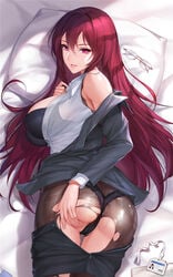 ass black_skirt blouse bra business_suit business_woman cameltoe cum dress_shirt erect_nipples fate/grand_order fate_(series) megane miniskirt office_lady open_shirt panties pantyhose pencil_skirt pussy_juice scathach_(fate) see_through skirt skirt_removed skirt_suit suit thigh_gap torn_clothes tsuki_no_i-min underboob white_blouse white_shirt