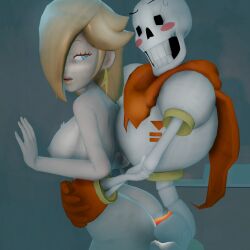 1boy 1girls 3d ass blonde_female blonde_hair blue_eyes breasts clothed_male_nude_female crackship crossover eastern_and_western_character female gloves glowing_penis interspecies looking_at_another looking_back male mario_(series) nintendo nude_female orange_penis papyrus papyrus_(undertale) princess_rosalina rosetta_(super_mario_galaxy) sex skeleton standing super_mario_galaxy undertale undertale_(series) weird_crossover