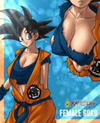 1girl 1girls artist_name beautiful beautiful_female belly_button big_boobs big_breasts black_eyes black_eyes_female black_hair black_hair_female blue_belt blue_shirt blue_top blue_topwear cleavage cleavage_cutout cleavage_overflow clothed clothing dragon_ball dragon_ball_z eyelashes female female_focus female_goku female_only female_saiyan genderbend genderbent genderswap genderswap_(mtf) goku huge_boobs huge_breasts kameseru large_boobs large_breasts light-skinned_female light_skin lips martial_arts martial_arts_belt martial_arts_uniform orange_gi parted_lips ripped_clothing rule_63 saiyan saiyan_girl smile smiling son_goku spiked_hair spiky_hair torn_clothes torn_clothing turtle_school_uniform