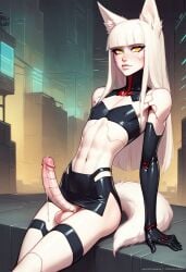 ai_generated black_skirt black_topwear cyberpunk cyborg dripping erection femboy fox fox_ears fox_tail kitsune male male_only mechanical noredeemingvalue penis precum white_fur white_hair yellow_eyes