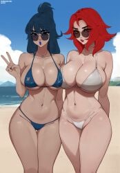 2girl 2girls about_to_fuck artist_name artist_website background beach belly belly_button big_breasts big_butt black_eyebrows blue_eyes blue_hair blue_lipstick breasts bubble_butt cleavage clothes day daytime fat_breasts fortnite fortnite:_battle_royale glasses hi_res high_resolution highres hope_(fortnite) huge_breasts large_breasts lilatole looking_at_viewer looking_over_eyewear looking_over_glasses looking_over_sunglasses mole mole_on_breast mole_on_pussy mole_under_mouth naked necklace no on pale-skinned_female pale_skin peace_sign ponytail red_eyes red_hair red_lipstick shoulder_length_hair siblings sisters summer sunglasses thighs tinted_eyewear valeria_(fortnite) website_logo