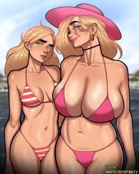 2girls big_breasts bikini black_eyebrows blonde_hair breast_envy breast_size_difference choker earrings female female_only freckles green_eyes hat long_hair meme milf mother_and_daughter mother_daughter_boob_envy_(meme) mrpotatoparty multiple_girls nadia_hughes narrowed_eyes pink_lipstick smiling vanessa_hughes