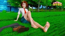 1girls 3d barefoot blush_stickers brown_eyes brown_hair cute feet female female_only foot_focus grass looking_at_viewer my_hero_academia necdaz91 necktie ochako_uraraka outside presenting_feet school_uniform shoes_removed sitting skirt smile socks_removed soles solo toes