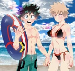 1boy 1girls beach bikini blonde_hair blush female_bakugou freckles genderswap genderswap_(mtf) green_eyes green_hair hand_holding izuku_midoriya katsuki_bakugou my_hero_academia red_eyes rule_63 swimwear