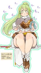 1girls big_breasts curvy eating female female_only green_hair looking_at_viewer meat midriff mouth_full ponytail sachito sitting solo_female sumi-chan_(sachito) thighs wide_hips yellow_eyes