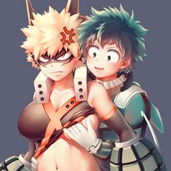 1boy 1girls anger_vein angry blonde_hair blush female female_bakugou freckles genderswap_(mtf) gloves green_eyes green_hair groping hero_outfit_(mha) izuku_midoriya katsuki_bakugou male my_hero_academia red_eyes rule_63 very_short_hair