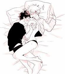 areolae bed bed_sheet bedroom blush breast_sucking clothed clothing eyes_closed female_bakugou freckles genderswap genderswap_(mtf) izuku_midoriya katsuki_bakugou laying_down laying_on_side my_hero_academia nipple_squeeze pillow pinching_nipples rule_63 saliva scar scars short_hair squeezing sweat thick_thighs thighs