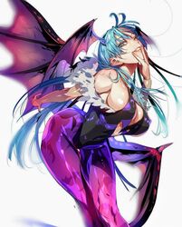 bat_wings blue_eyes blue_hair breasts clothing darkstalkers erect_nipples erect_nipples_under_clothes fingers head_wings large_breasts morrigan_aensland posing succubus takaraizu tight_clothing voluptuous white_background winking