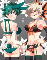 2girls artist_request ass blonde_hair blush breasts bunny_ears bunny_tail female_bakugou female_deku freckles genderswap genderswap_(mtf) green_eyes green_hair izuku_midoriya katsuki_bakugou lingerie looking_at_viewer my_hero_academia red_eyes rule_63 tongue_out very_short_hair