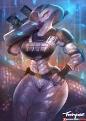 1girls 2020 abstract_background agent_torque alien alien_girl black_clothing blush breasts clothed clothing female female_only fingerless_gloves forked_tongue girlsay gloves grey_body grey_scales gun hand_on_hip handwear hi_res hips holding_object holding_weapon long_tail long_tongue looking_at_viewer naga non-mammal_breasts pose ranged_weapon reptile rifle scales scalie serpentine small_waist snake solo solo_female tail thick_thighs thighs thin_waist tongue tongue_out topwear video_games viper_(x-com) weapon weapon_on_shoulder x-com x-com:_chimera_squad