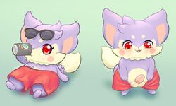 2020 anthro balls bepis bottomwear chibi clothed clothing cocotama digital_media_(artwork) drinking erection eyewear genitals hi_res himitsu_no_cocotama kemono looking_at_viewer male male_only penis presenting purple_body pyritie red_eyes renji_(cocotama) semi-anthro simple_background solo sunglasses sunglasses_on_head swimming_trunks swimwear tan_body