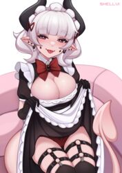 1girls big_breasts breasts cleavage female female_only large_breasts looking_at_viewer maid maid_headdress panties shellvi skirt solo upskirt white_background