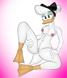 1girls accessory anatid anseriform anthro avian bird breasts daisy_duck disney duck ducktales ducktales_(2017) female female_only genitals hair_accessory hair_ribbon hairbow hi_res makeup nude pussy ribbons rorrek simple_background soft_feathers solo spread_legs spreading