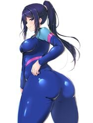 1girls alternate_breast_size ass big_ass blue_hair bodysuit boobs_and_butt_pose breasts eye_contact female female_only long_hair looking_at_viewer love_live! love_live!_sunshine!! matsuura_kanan png ponytail purple_eyes shinonon shinonon_(iso_shino) smile solo thick_thighs thighs wetsuit white_background