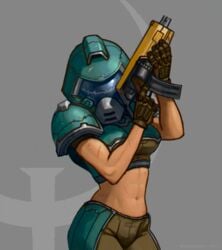 1girls abs artist_request breasts crash_(quake) female female_only gun helmet large_breasts quake solo tan