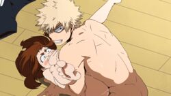 1boy 1girls animated blonde_hair brown_hair female gif hand_over_mouth hand_over_own_mouth hands_over_mouth katsuki_bakugou male muscle muscles muscular muscular_back muscular_male my_hero_academia naked nightlykrumbs nude ochako_uraraka sex straight trying_to_be_quiet