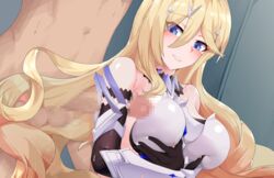 1boy armor armpit_sex armpits bangs bare_shoulders blonde_hair blue_eyes blush breast_squeeze breasts censored collarbone dress durandal_(honkai_impact) elbow_gloves eyebrows eyebrows_visible_through_hair eyelashes eyes_visible_through_hair female gimnang gloves hair_between_eyes hair_ornament highres honkai_(series) honkai_impact_3rd large_breasts lips long_hair masturbation mosaic_censoring navel nose nude penis pink_lips sex smile solo_focus straight sweat sweatdrop upper_body very_long_hair