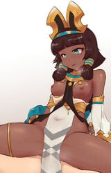 1girls ame_no_habanero black_hair blue_eyes covered_penetration cygames dark_skin displaced_clothing dragalia_lost egyptian egyptian_clothes female_only gold hair_ornament implied_penetration implied_sex jewelry nefaria nintendo panting pelvic_curtain small_breasts smile tiara undressed