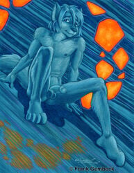 2007 4_toes anthro balls blue_body blue_eyes blue_fur blue_hair blue_theme canid canine canis frank_gembeck fur genitals hair humanoid_genitalia humanoid_penis male male_only mammal nipples nude penis signature sitting solo spread_legs spreading toes watermark wolf