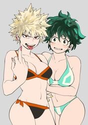 2girls adult_swim artist_request bikini blonde_hair blush breasts female_bakugou female_deku freckles genderswap genderswap_(mtf) green_eyes green_hair izuku_midoriya katsuki_bakugou looking_at_viewer my_hero_academia red_eyes rule_63 short_hair sticking_out_tongue toonami very_short_hair