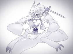 anthro anthro_on_anthro balls battle_franky blush bodily_fluids breasts claws clitoris clothed clothing cosplay dragon duo endtown eyes_closed female female_penetrated genital_fluids genitals gloves hair handwear hi_res holding_(disambiguation) holding_object holding_weapon humanoid interspecies knight knot koala legs_held_open legs_up licking linda male male_penetrating mammal marsupial melee_weapon muscular muscular_male open_mouth penetration penis pussy pussy_juice sex simple_background straight sword teeth tongue tongue_out vaginal vaginal_penetration vombatiform warrior weapon white_background