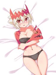 1girls bed blush bra cougar1404 covering_breasts dragon dragon_marked_for_death embarrassed empress_(dmfd) female_only horns inti_creates looking_at_viewer nipple_slip on_back on_bed panties red_eyes short_hair white_hair