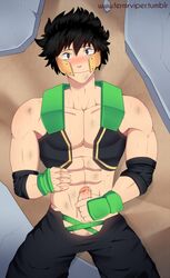 1boy balls black_hair blush clothed clothing fermrviper half-dressed male male_only masturbation muscles muscular my_hero_academia on_back penis shindou_you short_hair skimpy solo testicles unzipped yo_shindo