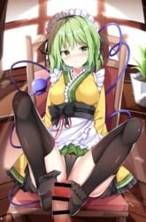 1boy :o absurdres alternate_costume apron bar_censor black_bow black_legwear black_panties blush bow breasts breath censored collared_shirt eyeball eyebrows_visible_through_hair feet female footjob frilled_shirt_collar frilled_sleeves frills green_eyes green_hair green_skirt heart heart_of_string highres koishi_komeiji kuraaken long_sleeves maid_apron maid_headdress medium_breasts mosaic_censoring panties penis shirt short_hair skirt sleeves_past_fingers sleeves_past_wrists solo_focus straight sweatdrop thighhighs third_eye touhou underwear waist_bow wavy_hair wide_sleeves yellow_shirt