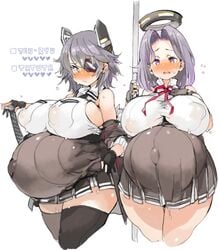 2girls blush eyepatch hair_ornament halo huge_breasts kantai_collection looking_at_viewer multiple_pregnancies nipple_bulge open_mouth pregnant purple_hair ready_to_pop sachito sisters skirt sweat sweatdrop tatsuta_(kantai_collection) tenryuu_(kantai_collection) thighhighs thighs wet_clothes