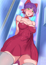 1futa bare_shoulders big_breasts big_penis blush breasts cat_girl choker city dress erect_nipples erection futa_only futanari gegege_no_kitarou hair_ribbon hands_behind_back humanoid nekomusume no_bra penis_under_clothes pointed_ears pointy_ears precum purple_hair short_hair smile solo tagme thighhighs yellow_eyes yokai